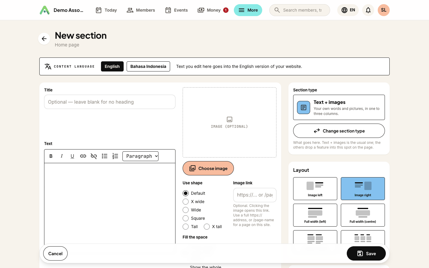 Choosing a layout when editing a section