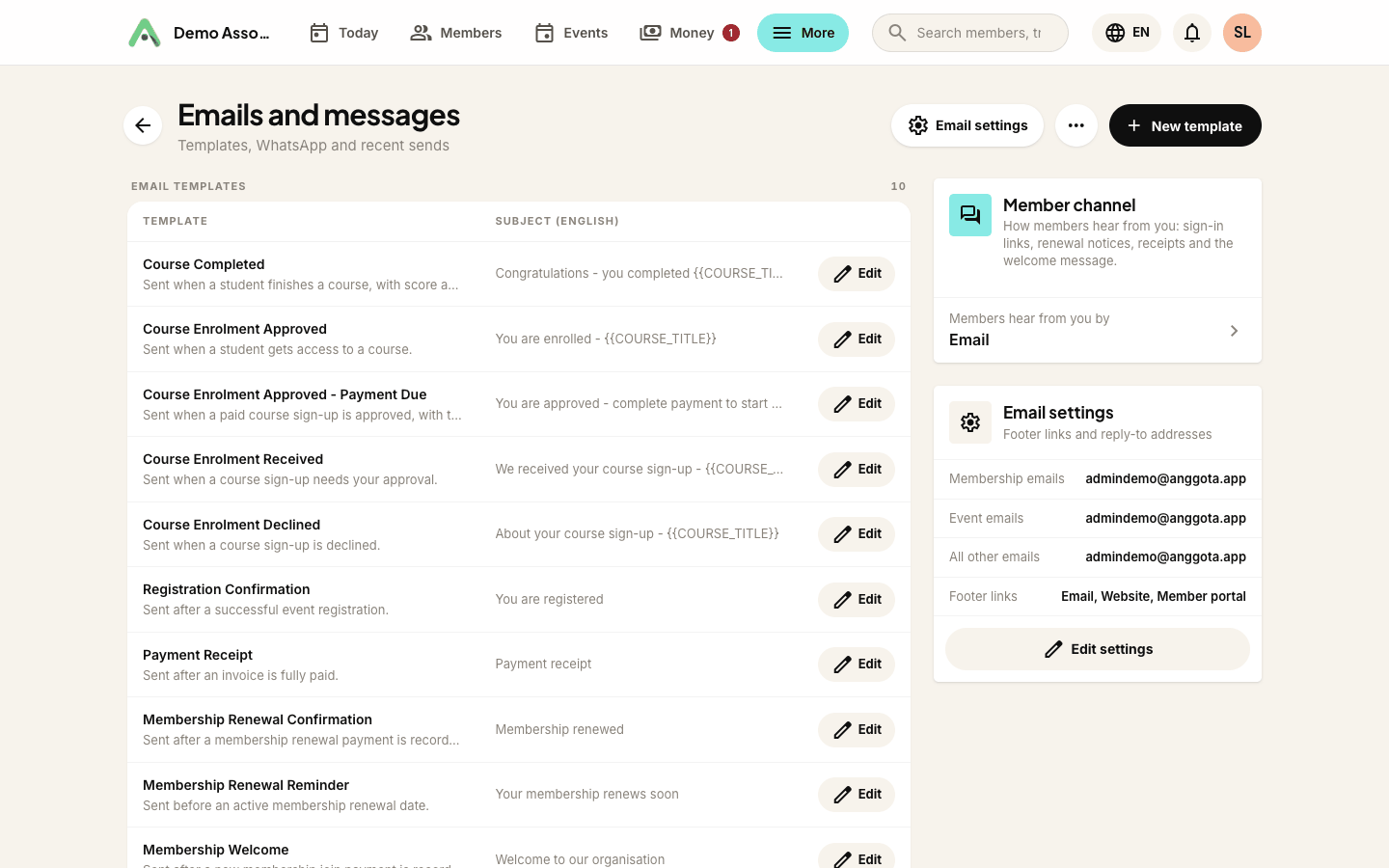 Emails & messages, with the Member channel panel that holds the WhatsApp choices