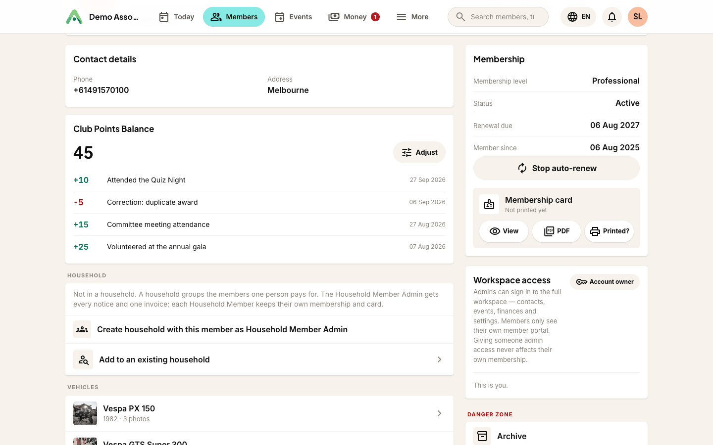 The Workspace access panel on a contact record