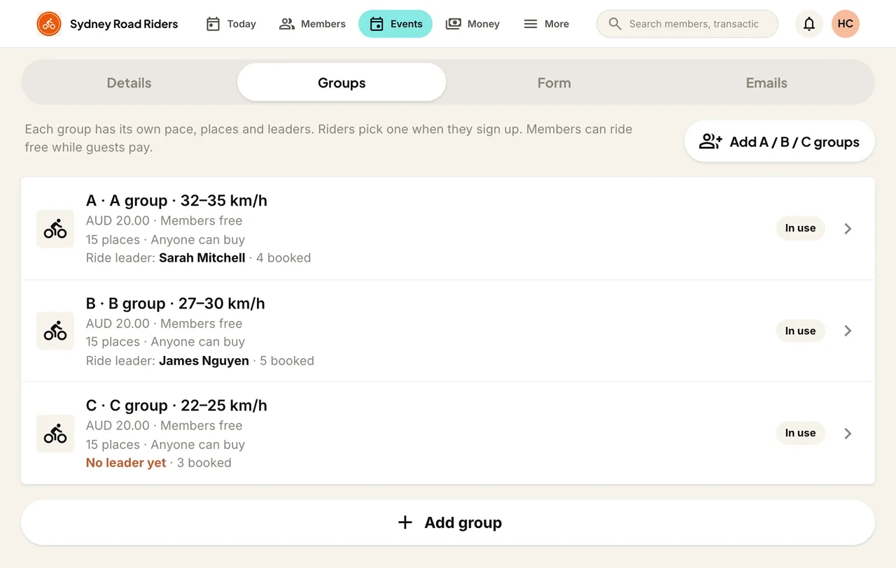 Each pace group has its own places, pace range, price and leader.