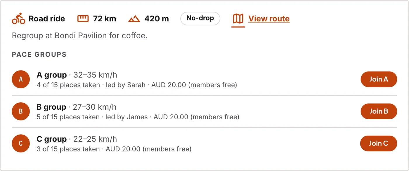 The ride card on your club site: route, distance, climbing, and a Join button for each group.