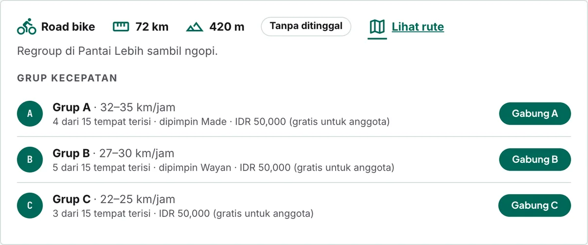Kartu gowes di situs klub Anda: rute, jarak, tanjakan, dan tombol Gabung untuk setiap grup.