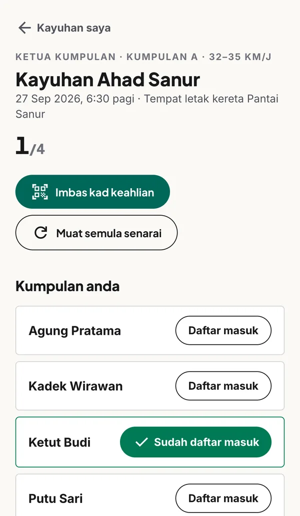 Semua didaftar masuk sebelum kumpulan bertolak