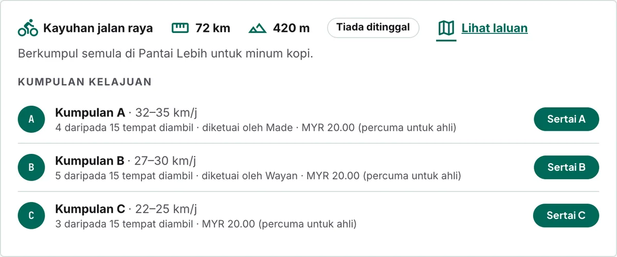 Kad kayuhan di laman web kelab anda: laluan, jarak, pendakian, dan butang Sertai untuk setiap kumpulan.