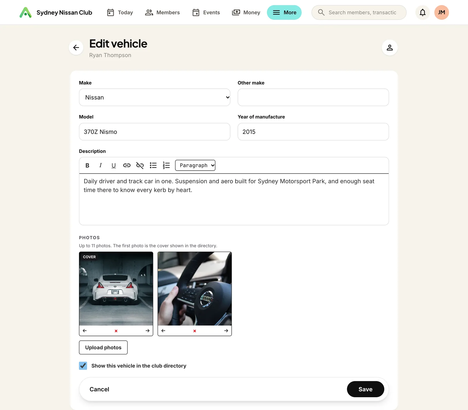 A member editing their vehicle - photos, story, and directory visibility