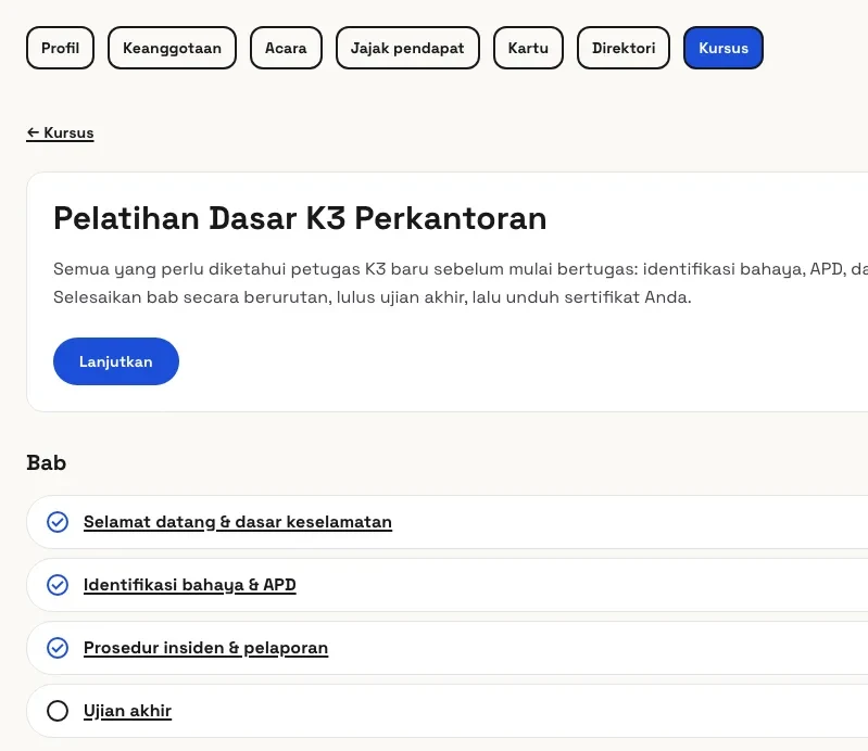 Tampilan peserta: bab tercentang berurutan, ujian di akhir