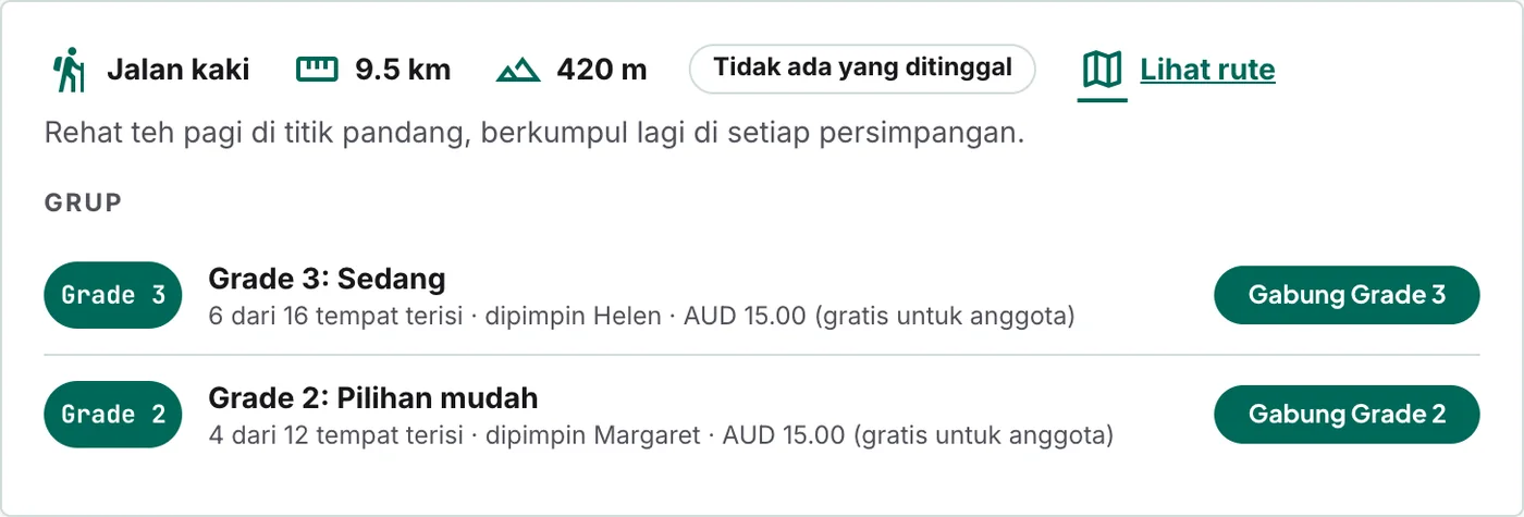 Kartu hiking di situs klub Anda: jarak, total tanjakan, rute, dan tombol Gabung untuk setiap tingkat.