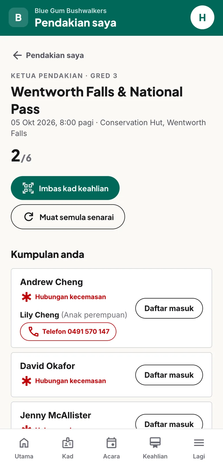 Semua didaftar masuk di permulaan denai