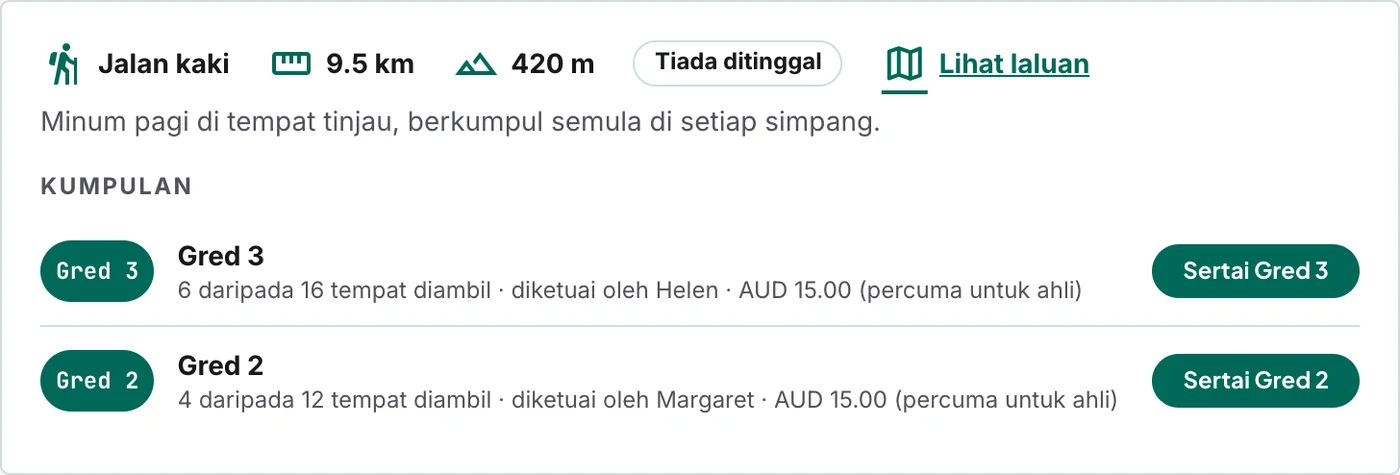 Kad hiking di laman web kelab anda: jarak, jumlah pendakian, laluan, dan butang Sertai untuk setiap gred.