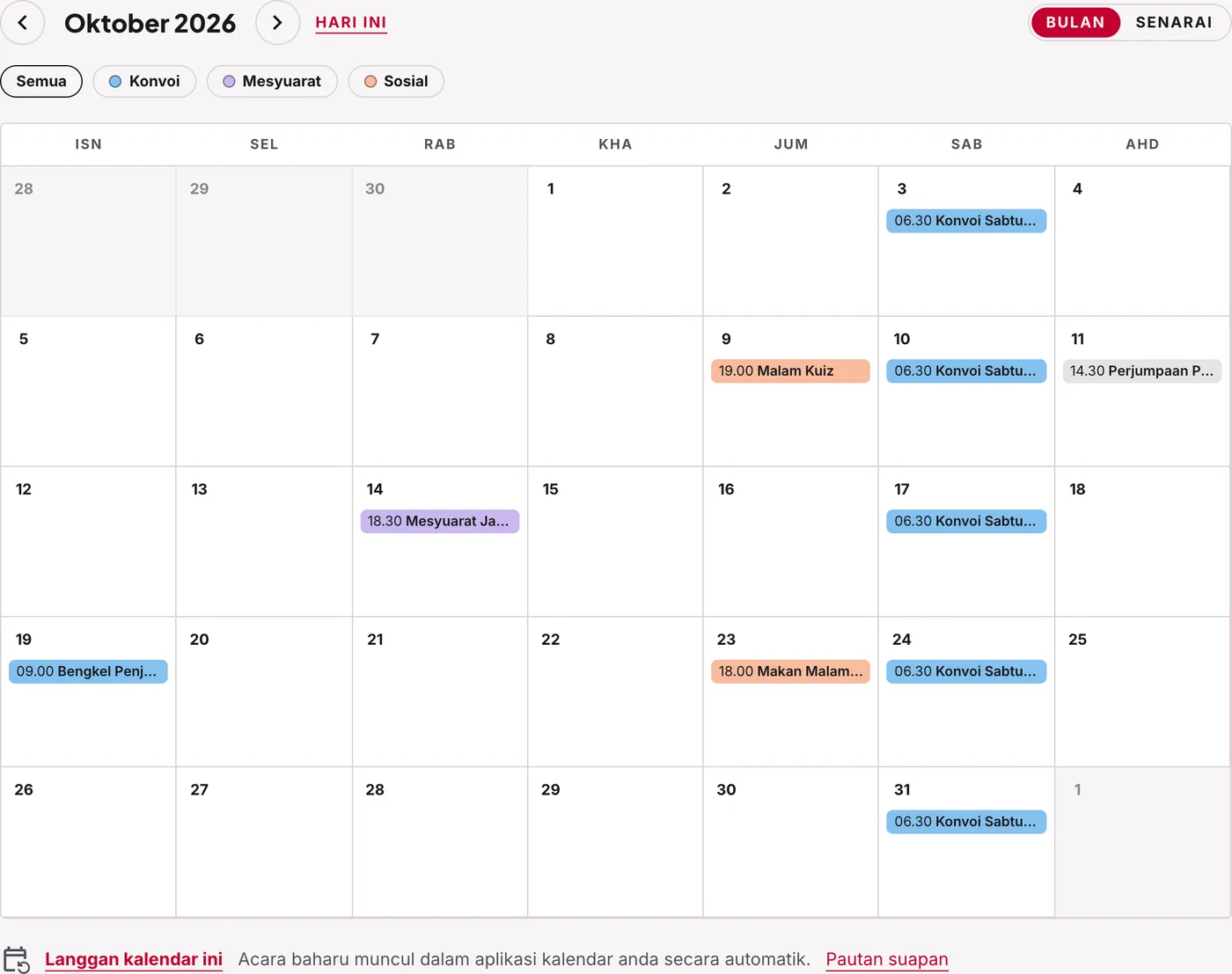 Semua acara dalam satu kalendar