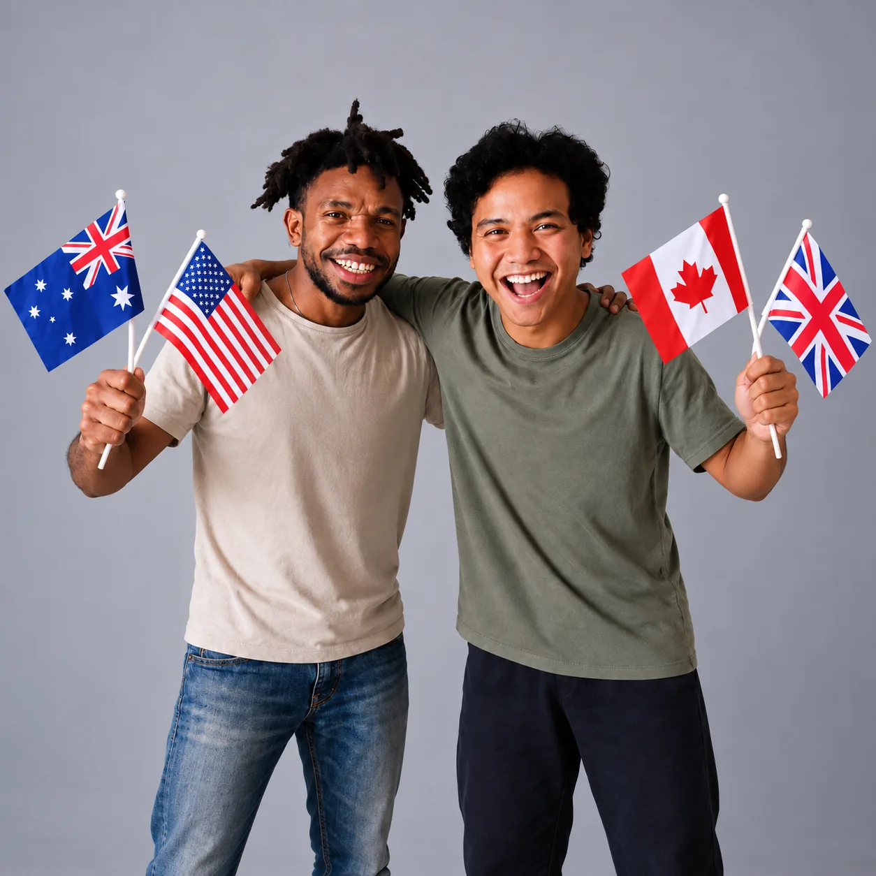 Two club members waving the flags of Australia, the USA, Canada and the UK
