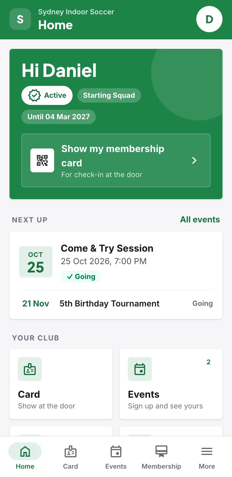 The member app on a phone: home screen with membership status, the next match and club tiles