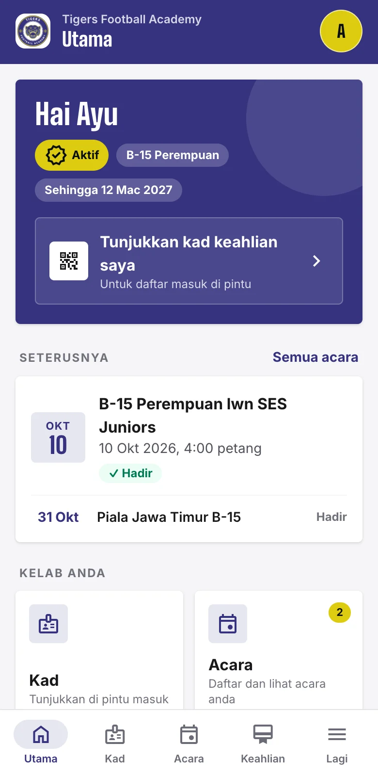 Aplikasi ahli di telefon: skrin utama dengan status keahlian, perlawanan seterusnya dan menu kelab