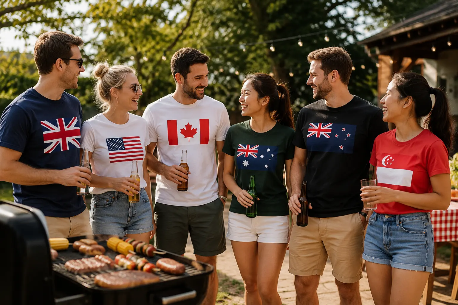Anggota klub sedang barbeku sambil memegang bendera Australia, Selandia Baru, Inggris, Amerika Serikat, Kanada dan Singapura.